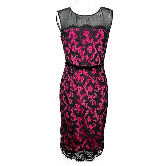 Karen Millen Pink & Black Lace Belted Sleeveless Sheath Pencil Cocktail Dress 8 - Picture 13 of 13